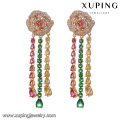 94168 rose decorate long chain glass pendant jhumka gold plated diamond earring